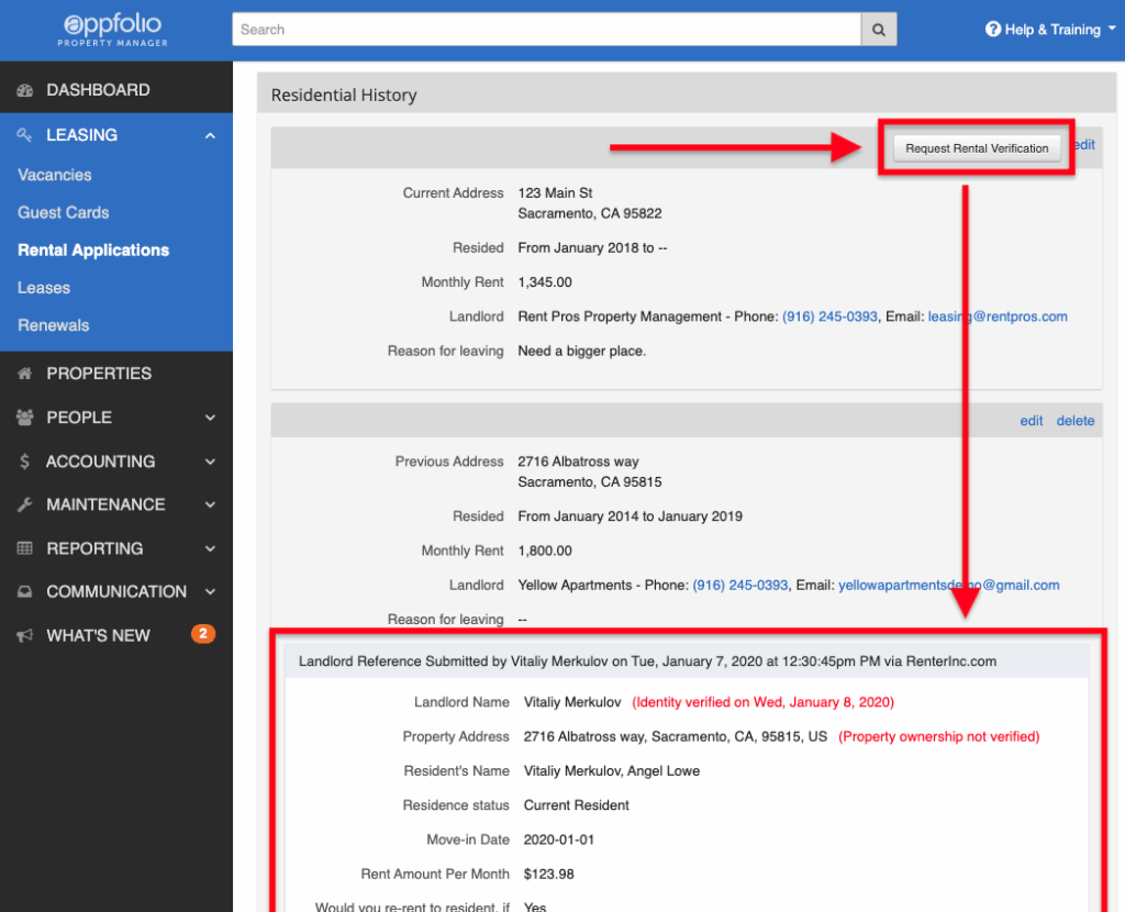 Request landlord Reference inside AppFolio with Renter, Inc.